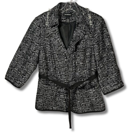 Lane Bryant 20 Tweed Twill Fringe Wool Blend Blazer Business Jacket Black Belted - Picture 1 of 8